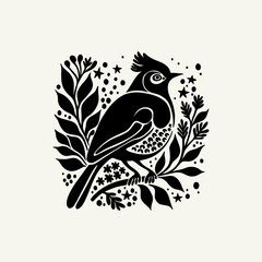 Merry Christmas and Happy New Year illustration, for greeting cards, posters, holiday covers. Xmas festive linocut black hand drawn.