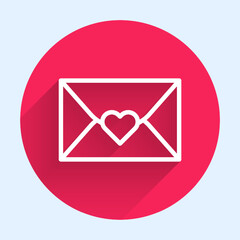 White line Envelope with Valentine heart icon isolated with long shadow background. Message love. Letter love and romance. Happy Valentines day. Red circle button. Vector