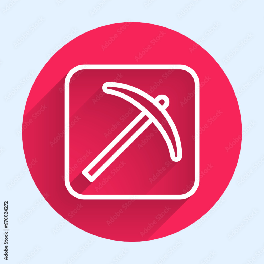 Poster white line pickaxe icon isolated with long shadow background. red circle button. vector