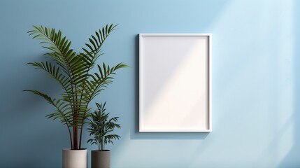 Light blue soft shadow, palm tree pots ai generated frame mock up plants interior