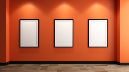 Under spotlight pictureframes on orange wall ai generated frame mockup gallery