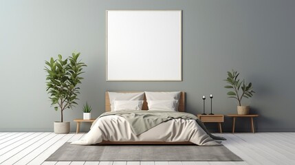 Grey green aesthetic double bed ai generated frame mockup bedroom