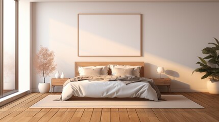 Fototapeta na wymiar Warm sunlight falling on bed beige ai generated frame mockup bedroom