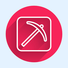 White line Pickaxe icon isolated with long shadow background. Red circle button. Vector