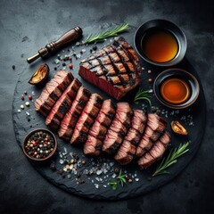 The concept of good breed beef, medium grilled steak Beautifully arranged on a luxurious black stone plate, it is delicious to eat.