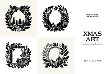 Merry Christmas and Happy New Year illustration, for greeting cards, posters, holiday covers. Xmas festive linocut black hand drawn.