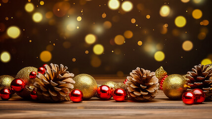 Decorated in New Year's style Christmas yellow and red balls, and natural pine cones on wooden table. Golden shining festive bokeh on dark yellow background with copy space for text.