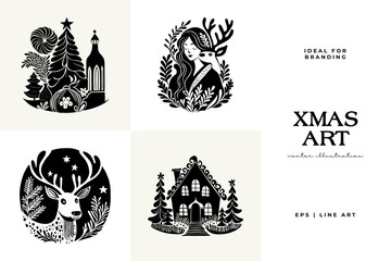Obraz premium Merry Christmas and Happy New Year illustration, for greeting cards, posters, holiday covers. Xmas festive linocut black hand drawn.
