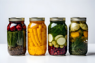 Jars with Different Kinds of Pickled Vegetables on a White Background