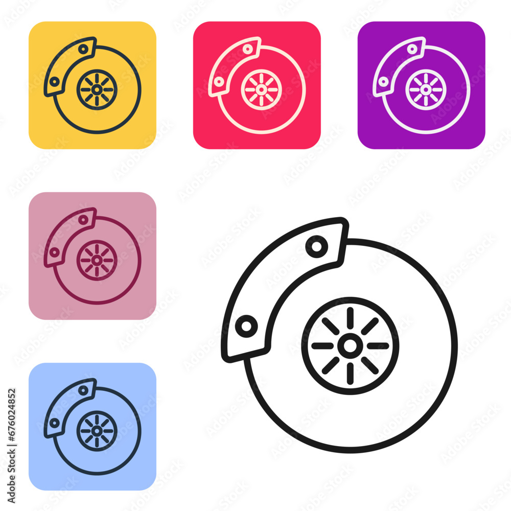 Poster black line car brake disk with caliper icon isolated on white background. set icons in color square 