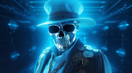 Data Pirate In Neon Blue Background.  AI Generated.