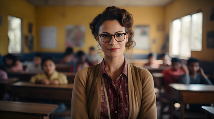 Maestra latina en salon de clases al fondo estudiantes ella tiene lentes y cabello rizado - obrazy, fototapety, plakaty