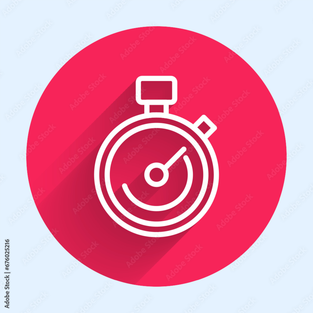 Poster white line stopwatch icon isolated with long shadow background. time timer sign. chronometer sign. r