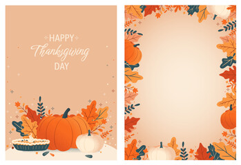 Thanksgiving day greeting card, flat vector illustration, autumn celebration, warm pastel colors, beautiful postcard