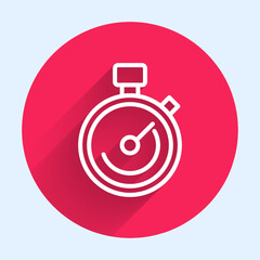 White line Stopwatch icon isolated with long shadow background. Time timer sign. Chronometer sign. Red circle button. Vector