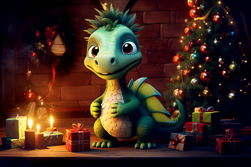 Smiling dragon stands in decorated room with Christmas tree, gift boxes and burning candles on floor with holiday atmosphere at night