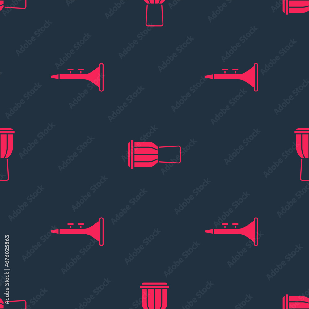 Aufkleber set drum and drum sticks and on seamless pattern. vector