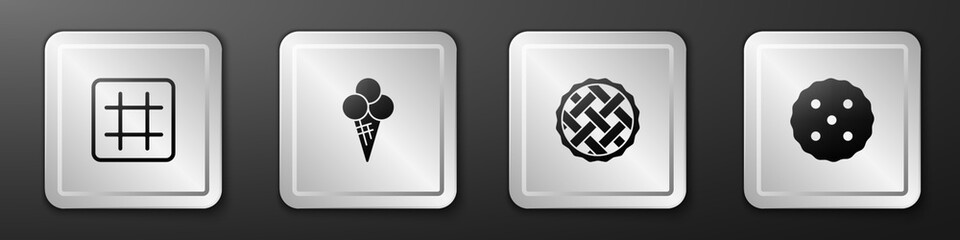 Set Waffle, Ice cream in waffle cone, Homemade pie and Cookie or biscuit icon. Silver square button. Vector