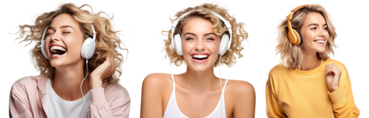 Set of young women, passionate about music, revelling in the beats and rhythms flowing through their headphones, cut out