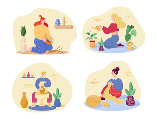 Occupation set.  florist, knitting, weaving  and sculptor, Collection of hobby and modern profession. Isolated vector illustration