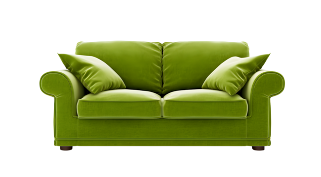 Green 2 seater sofa with comfortable cushions and elegant design.