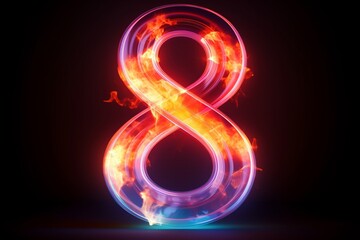 Magical Neon Dreams: 3D Render of Number eight with Linear Neon Outlined '8' and a Burst of Colorful Cloud in a Fantasyscape of Fire and Light