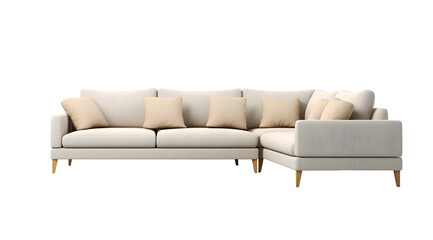 Stylish white leather sectional sofa with wooden legs on a transparent background.