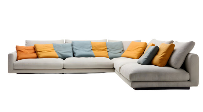 Stylish grey fabric sectional sofa with colourful cushions and wooden legs on a transparent background.