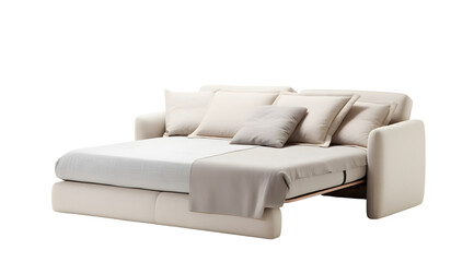 Modern grey sofa bed unfolded on a transparent background.