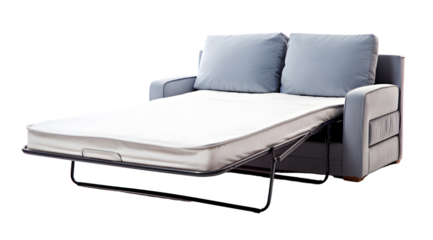 Modern grey sofa bed unfolded on a transparent background.