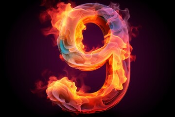 Magical Neon Dreams: 3D Render of Number nine with Linear Neon Outlined '9' and a Burst of Colorful Cloud in a Fantasyscape of Fire and Light