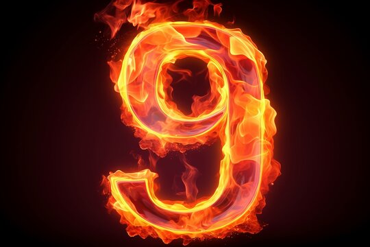 Magical Neon Dreams: 3D Render of Number nine with Linear Neon Outlined '9' and a Burst of Colorful Cloud in a Fantasyscape of Fire and Light