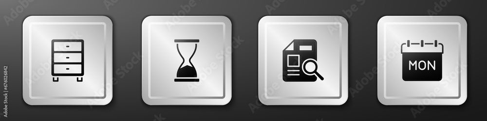 Poster set archive papers drawer, old hourglass, document with graph chart and calendar icon. silver square