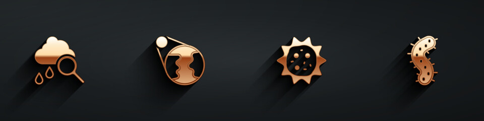 Set Cloud with rain, Earth globe, Virus and icon with long shadow. Vector