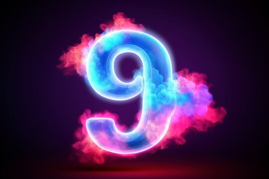 Ethereal Illumination: A 3D Render of Number 9 with Neon Outlined 'nine' and a Color Burst Cloud on a Cloudy Transparent Abstract Background