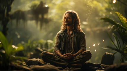 A man with long hair is sitting cross legged meditating on rocks among lush green plants in a sunlit misty jungle
