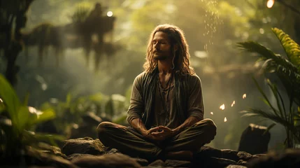 Gordijnen A man with long hair is sitting cross legged meditating on rocks among lush green plants in a sunlit misty jungle © opt