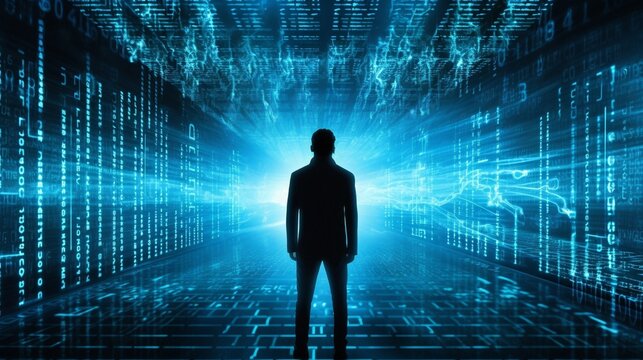 Blue Technology Circuits Matrix Binary Code Background.  Created With Generative AI. - Powered by Adobe