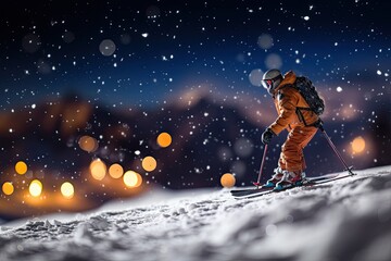 Italian tradition of skiing at midnight on Christmas Day. Midnight skiing. - obrazy, fototapety, plakaty