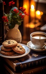 A cup of coffee, cookies and books on a wooden table.