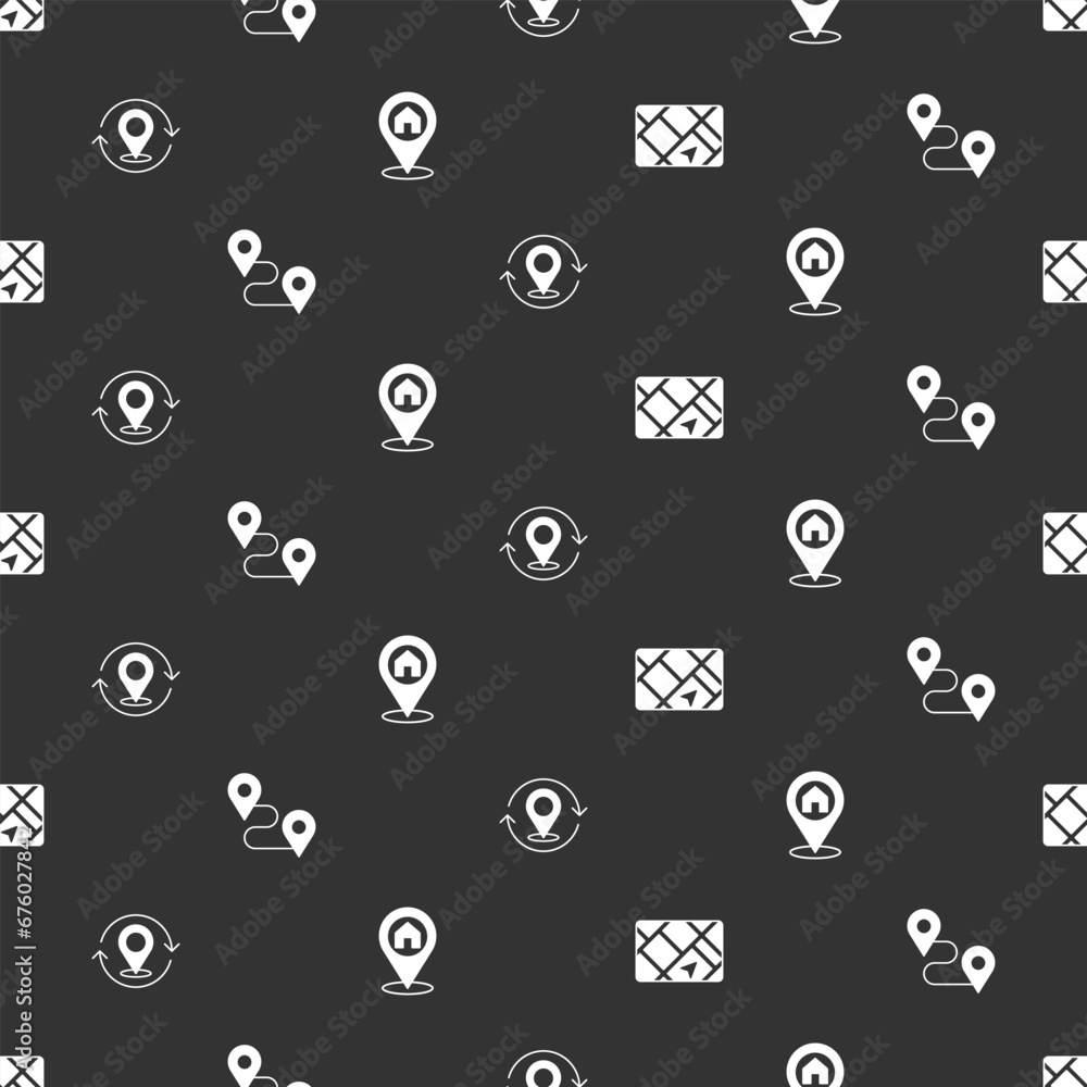 Poster set gps device with map, route location, map pin and location house on seamless pattern. vector
