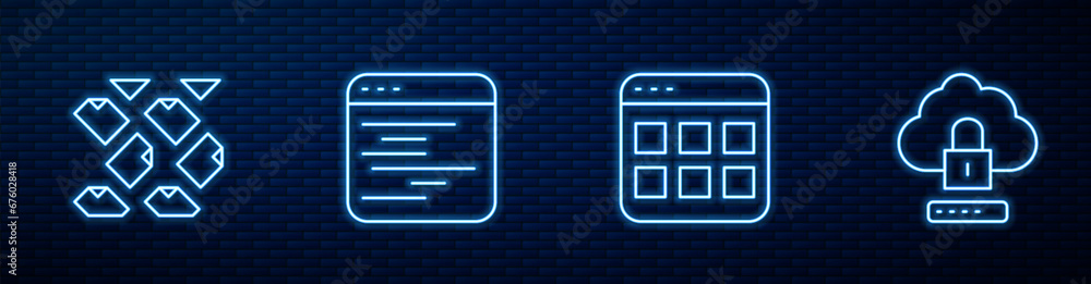 Aufkleber set line browser files, data stream, software and cloud computing lock. glowing neon icon on brick w