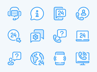 Customer Support Service and Helpline vector line icons. Phone Assistance and Consulting outline icon set. Chat Bot, Help, Information, Question and more.