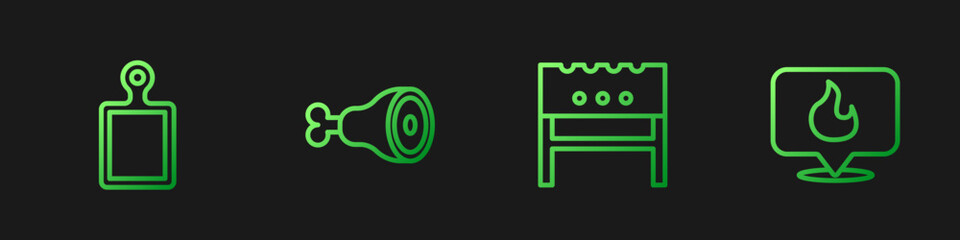 Set line BBQ brazier, Cutting board, Chicken leg and Location with fire flame. Gradient color icons. Vector