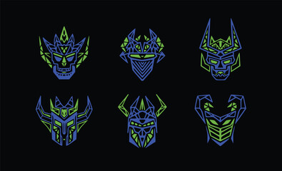 Vector drawing of devil knight helmets with horns. Icons of evil monsters in demonic masks.