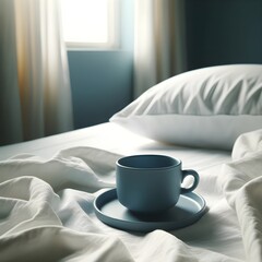 Fototapeta na wymiar Cup of coffee on bed