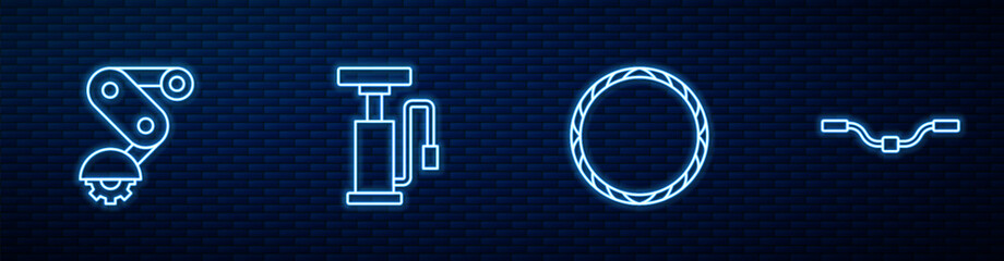 Set line Bicycle wheel, Derailleur bicycle rear, air pump and handlebar. Glowing neon icon on brick wall. Vector