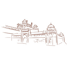 Red Fort or Lal Qila Old Delhi India vector sketch city illustration line art sketch simple - 676028847