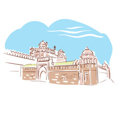 Red Fort or Lal Qila Old Delhi India vector sketch city illustration line art sketch simple