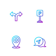 Set line Infographic of city map navigation, Location with cross hospital, Road traffic sign and Parking. Gradient color icons. Vector